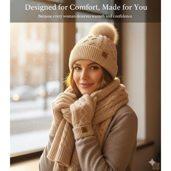 Winter Knit Hat Scarf Gloves Set Touchscreen Ear Warmer Unisex Cozy Warm - Picture 5 of 7